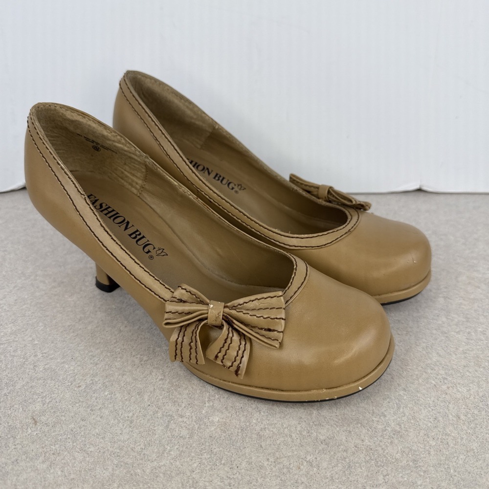 Y2K Women's Vintage Fashion Bug Dress Heels Tan Shoes w/Bow‎ Size 6.5